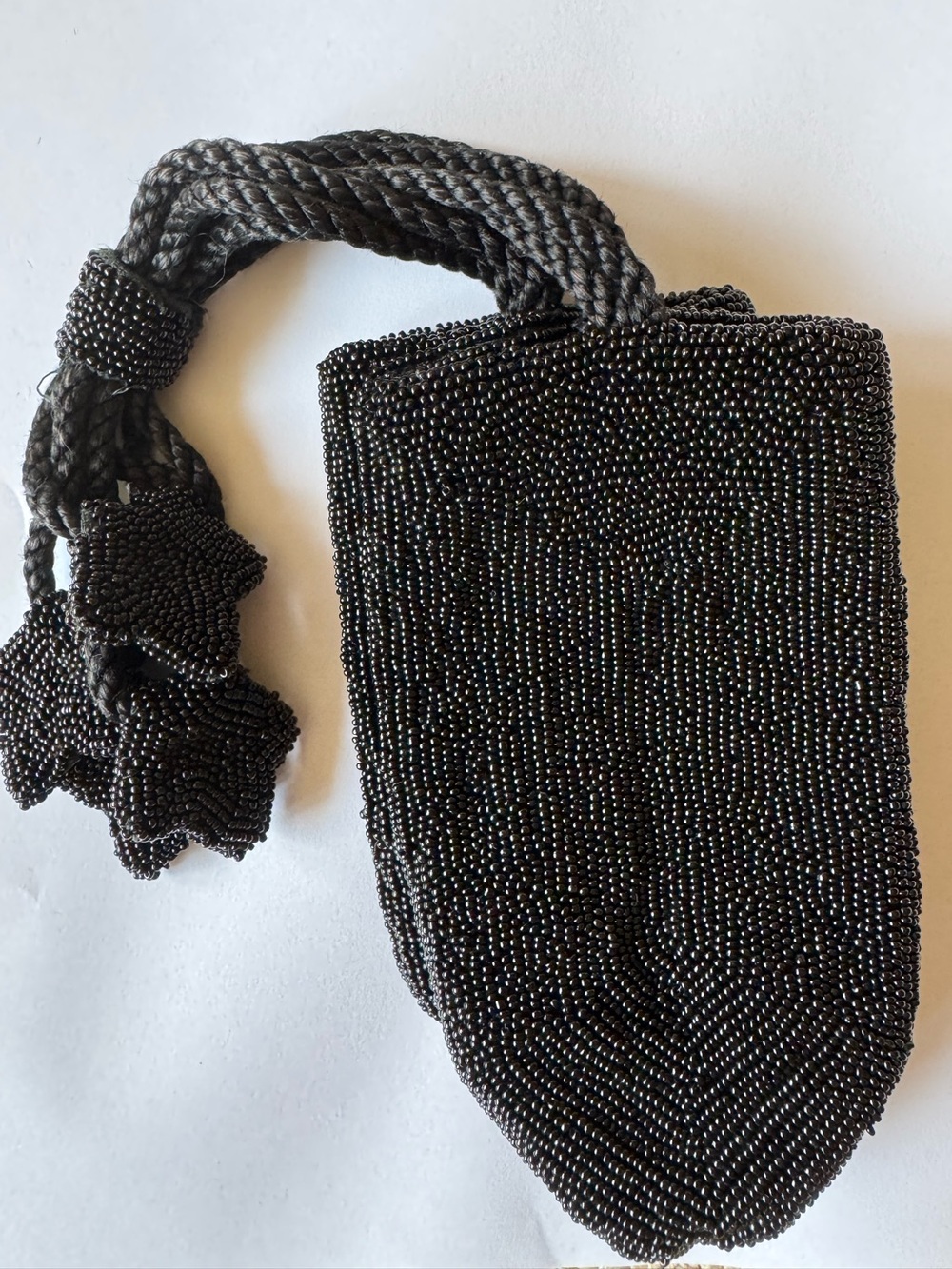 Black Beaded Evening Drawstring Bag VINTAGE, made in France. MINT